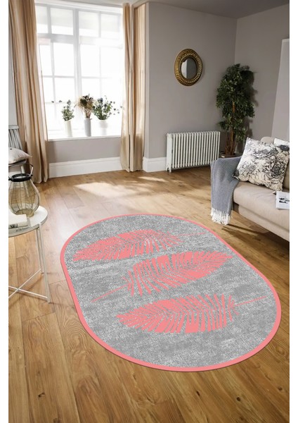 Dijital Kaymaz Yıkanabilir Modern Desen Oval Yolluk Mutfak Salon Halısı, N-O-Modern-41-Pembe,