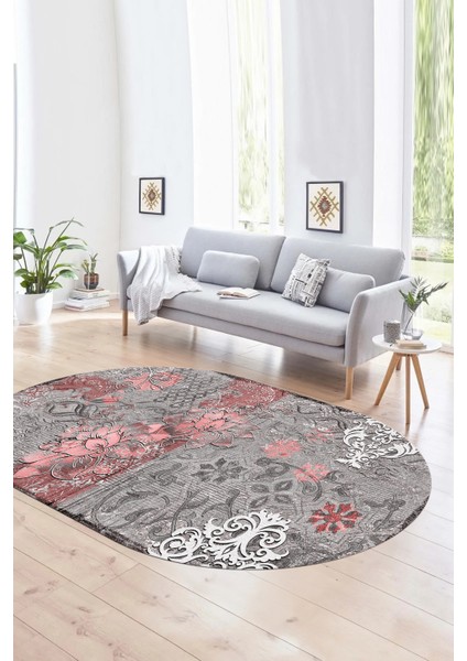 Dijital Kaymaz Yıkanabilir Modern Desen Oval Yolluk Mutfak Salon Halısı, N-O-Modern-15-Pembe,