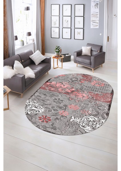 Dijital Kaymaz Yıkanabilir Modern Desen Oval Yolluk Mutfak Salon Halısı, N-O-Modern-15-Pembe, indirimleri