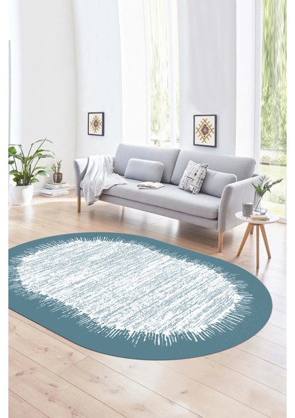 Dijital Kaymaz Yıkanabilir Modern Desen Oval Yolluk Mutfak Salon Halısı, N-O-Modern-43-Mavi,