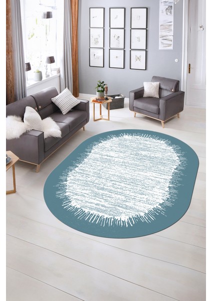Dijital Kaymaz Yıkanabilir Modern Desen Oval Yolluk Mutfak Salon Halısı, N-O-Modern-43-Mavi, indirimleri