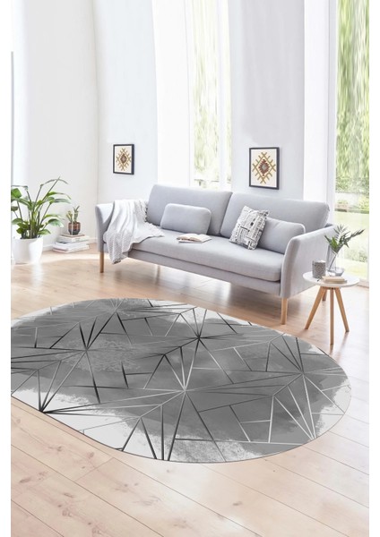 Dijital Kaymaz Yıkanabilir Modern Desen Oval Yolluk Mutfak Salon Halısı, N-O-Modern-44-Gri,