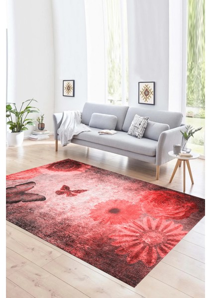 Dijital Baskılı Kaymaz Yıkanabilir Modern Desen Yolluk Mutfak Salon Halısı, N-MODERN-109-KIRMIZI,