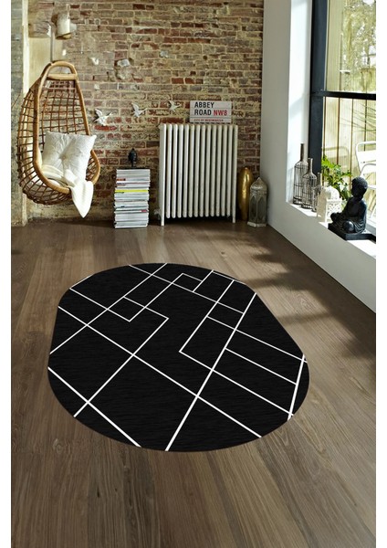 Dijital Kaymaz Yıkanabilir Modern Desen Oval Yolluk Mutfak Salon Halısı, N-O-Modern-58-Antrasit,