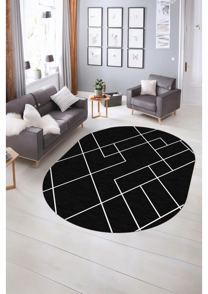 Dijital Kaymaz Yıkanabilir Modern Desen Oval Yolluk Mutfak Salon Halısı, N-O-Modern-58-Antrasit,