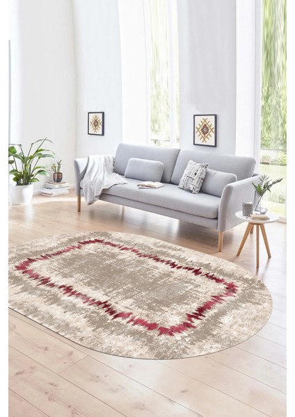 Dijital Kaymaz Yıkanabilir Modern Desen Oval Yolluk Mutfak Salon Halısı, N-O-Modern-37-Bordo,