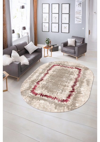 Dijital Kaymaz Yıkanabilir Modern Desen Oval Yolluk Mutfak Salon Halısı, N-O-Modern-37-Bordo, indirimleri