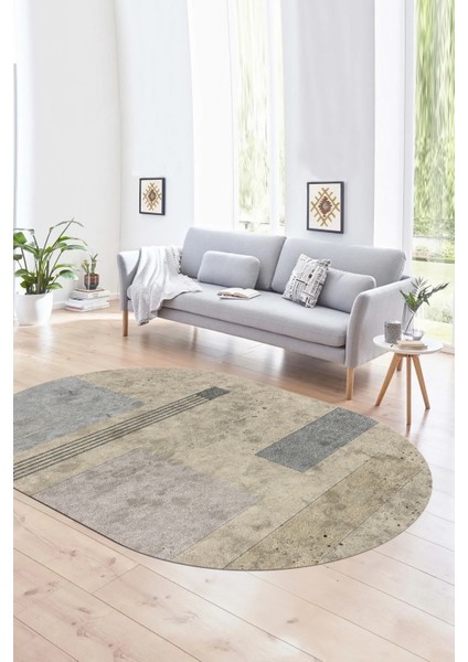 Dijital Kaymaz Yıkanabilir Modern Desen Oval Yolluk Mutfak Salon Halısı, N-O-Modern-93-Bej,