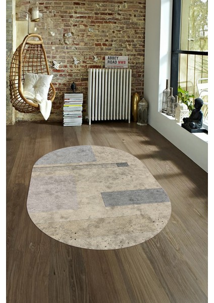 Dijital Kaymaz Yıkanabilir Modern Desen Oval Yolluk Mutfak Salon Halısı, N-O-Modern-93-Bej, fırsatları