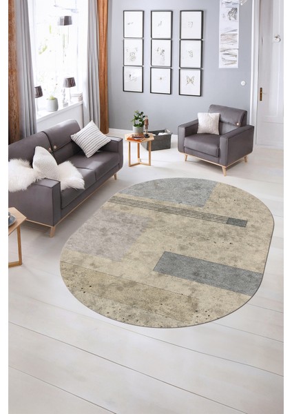 Dijital Kaymaz Yıkanabilir Modern Desen Oval Yolluk Mutfak Salon Halısı, N-O-Modern-93-Bej, indirimleri