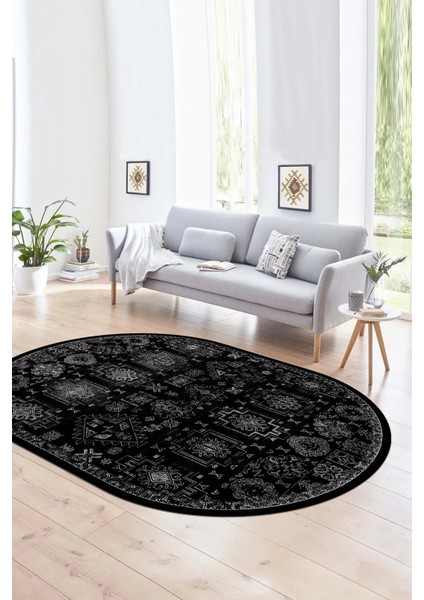 Dijital Kaymaz Yıkanabilir Modern Desen Oval Yolluk Mutfak Salon Halısı, N-O-Modern-29-Siyah,