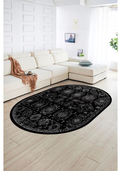 Dijital Kaymaz Yıkanabilir Modern Desen Oval Yolluk Mutfak Salon Halısı, N-O-Modern-29-Siyah, fiyatları