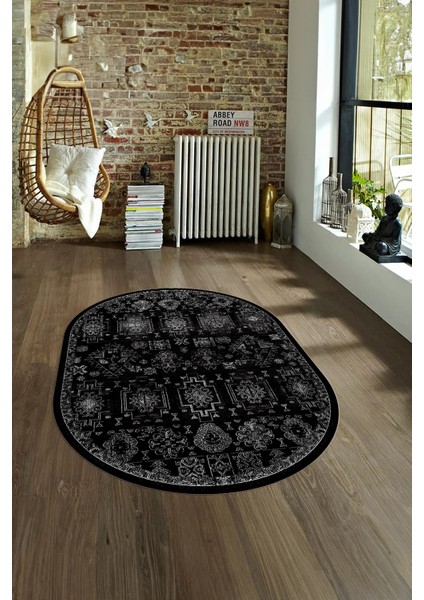 Dijital Kaymaz Yıkanabilir Modern Desen Oval Yolluk Mutfak Salon Halısı, N-O-Modern-29-Siyah, fırsatları