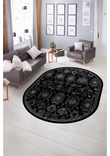 Dijital Kaymaz Yıkanabilir Modern Desen Oval Yolluk Mutfak Salon Halısı, N-O-Modern-29-Siyah, indirimleri