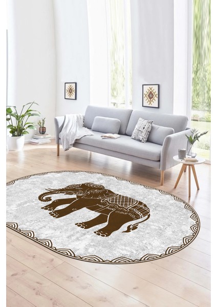 Dijital Kaymaz Yıkanabilir Modern Desen Oval Yolluk Mutfak Salon Halısı, N-O-MODERN-101-KAHVE,