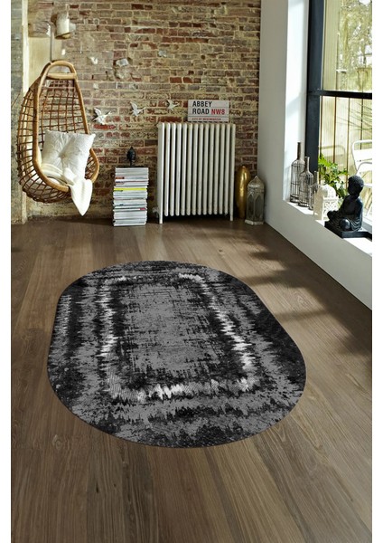 Dijital Kaymaz Yıkanabilir Modern Desen Oval Yolluk Mutfak Salon Halısı, N-O-Modern-37-Antrasit, fırsatları