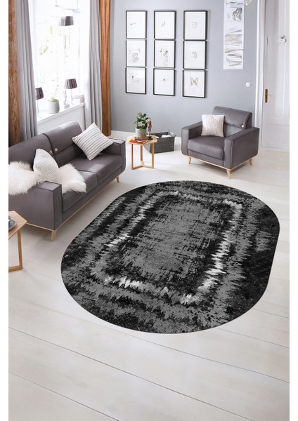Dijital Kaymaz Yıkanabilir Modern Desen Oval Yolluk Mutfak Salon Halısı, N-O-Modern-37-Antrasit, indirimleri