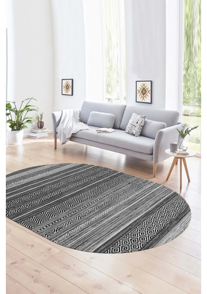 Dijital Kaymaz Yıkanabilir Modern Desen Oval Yolluk Mutfak Salon Halısı, N-O-Modern-17-Gri,