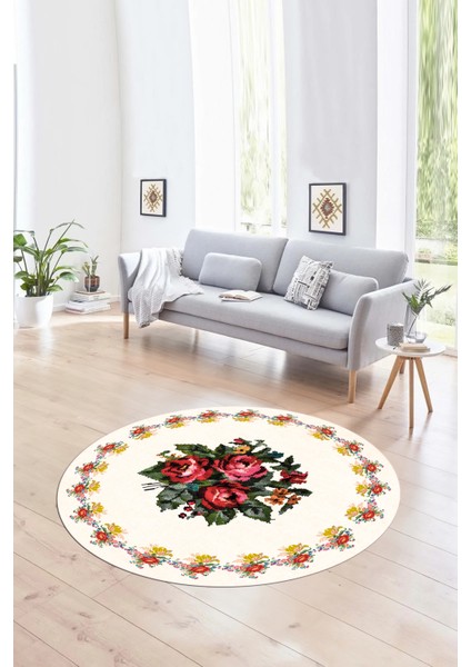 Dijital Kaymaz Taban Yıkanabilir Modern Desen Yuvarlak Mutfak Salon Halısı, N-Y-Modern-20-Krem,