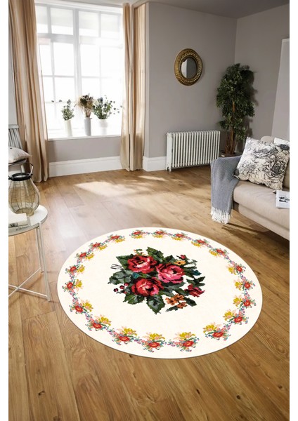 Dijital Kaymaz Taban Yıkanabilir Modern Desen Yuvarlak Mutfak Salon Halısı, N-Y-Modern-20-Krem, modelleri