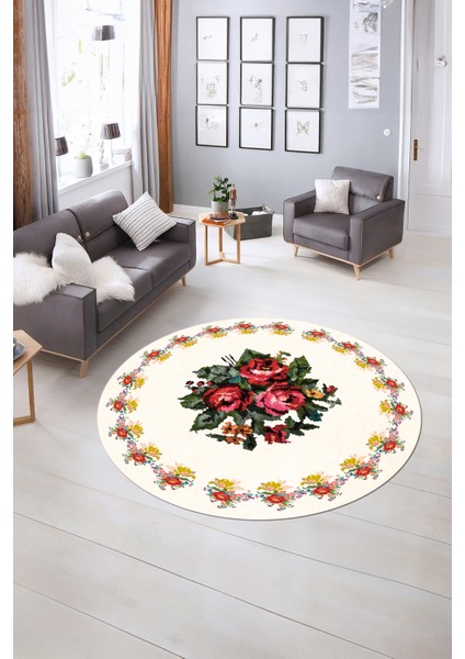 Dijital Kaymaz Taban Yıkanabilir Modern Desen Yuvarlak Mutfak Salon Halısı, N-Y-Modern-20-Krem, indirimleri