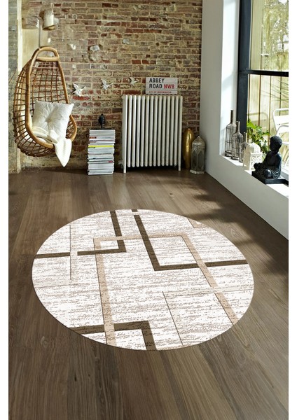 Dijital Kaymaz Taban Yıkanabilir Modern Desen Yuvarlak Mutfak Salon Halısı, N-Y-Modern-80-Kahve,