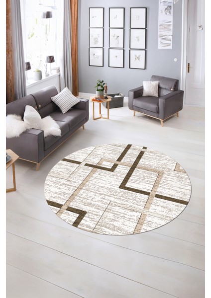 Dijital Kaymaz Taban Yıkanabilir Modern Desen Yuvarlak Mutfak Salon Halısı, N-Y-Modern-80-Kahve,