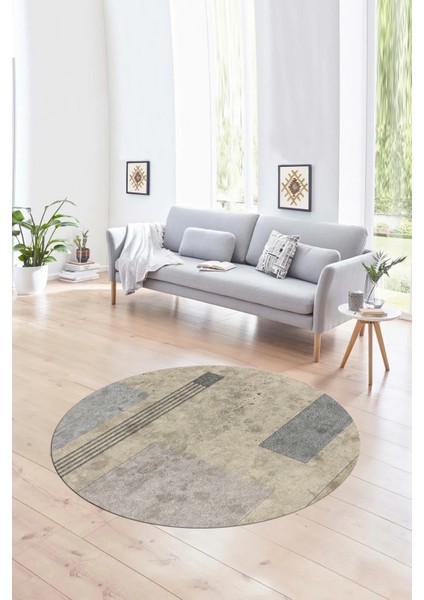 Dijital Kaymaz Taban Yıkanabilir Modern Desen Yuvarlak Mutfak Salon Halısı, N-Y-Modern-93-Bej,