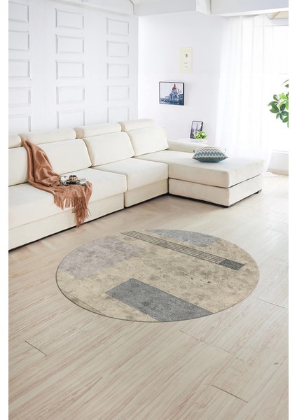Dijital Kaymaz Taban Yıkanabilir Modern Desen Yuvarlak Mutfak Salon Halısı, N-Y-Modern-93-Bej,