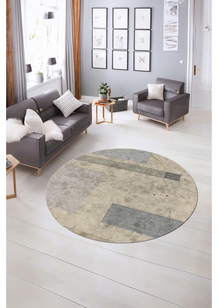Dijital Kaymaz Taban Yıkanabilir Modern Desen Yuvarlak Mutfak Salon Halısı, N-Y-Modern-93-Bej,