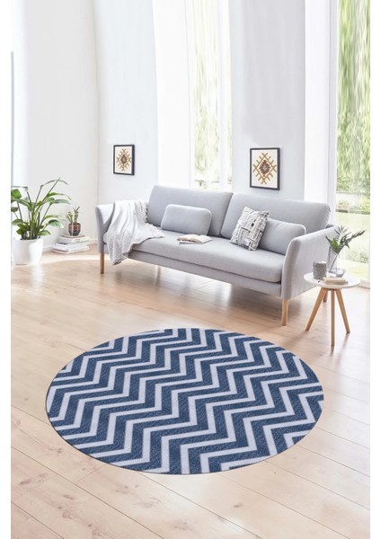 Dijital Kaymaz Taban Yıkanabilir Modern Desen Yuvarlak Mutfak Salon Halısı, N-Y-MODERN-102-MAVİ,