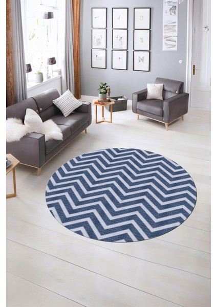 Dijital Kaymaz Taban Yıkanabilir Modern Desen Yuvarlak Mutfak Salon Halısı, N-Y-MODERN-102-MAVİ,
