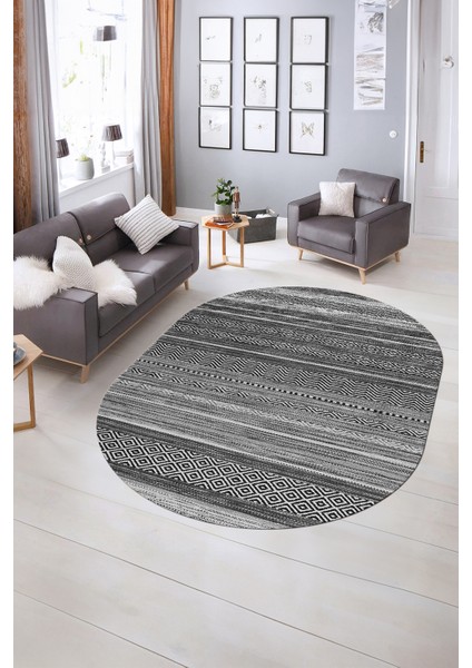Dijital Kaymaz Yıkanabilir Modern Desen Oval Yolluk Mutfak Salon Halısı, N-O-Modern-17-Gri, indirimleri
