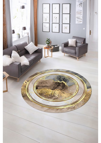 Dijital Kaymaz Taban Yıkanabilir Modern Desen Yuvarlak Mutfak Salon Halısı, N-Y-Modern-46-Gold, indirimleri