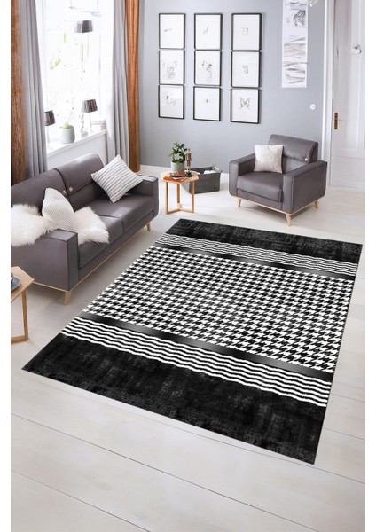 Dijital Baskılı Kaymaz Yıkanabilir Modern Desen Yolluk Mutfak Salon Halısı, N-Modern-10-Antrasit,
