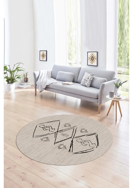 Dijital Kaymaz Taban Yıkanabilir Modern Desen Yuvarlak Mutfak Salon Halısı, N-Y-Modern-59-Bej,