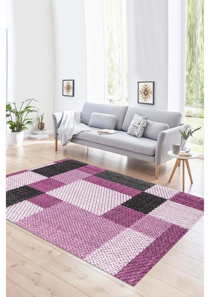 Dijital Baskılı Kaymaz Yıkanabilir Modern Desen Yolluk Mutfak Salon Halısı, N-Modern-77-Mor,