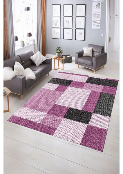 Dijital Baskılı Kaymaz Yıkanabilir Modern Desen Yolluk Mutfak Salon Halısı, N-Modern-77-Mor, indirimleri