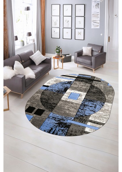 Dijital Kaymaz Yıkanabilir Modern Desen Oval Yolluk Mutfak Salon Halısı, N-O-Modern-33-Mavi, indirimleri