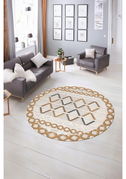 Dijital Kaymaz Taban Yıkanabilir Modern Desen Yuvarlak Mutfak Salon Halısı, N-Y-Modern-81-Kahve,