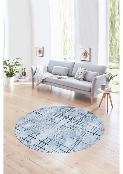 Dijital Kaymaz Taban Yıkanabilir Modern Desen Yuvarlak Mutfak Salon Halısı, N-Y-Modern-89-Mavi,