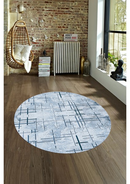Dijital Kaymaz Taban Yıkanabilir Modern Desen Yuvarlak Mutfak Salon Halısı, N-Y-Modern-89-Mavi,