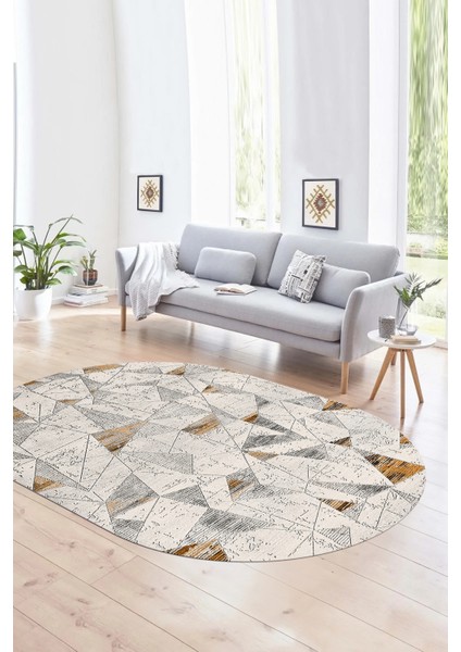 Dijital Kaymaz Yıkanabilir Modern Desen Oval Yolluk Mutfak Salon Halısı, N-O-Modern-82-Kahve,