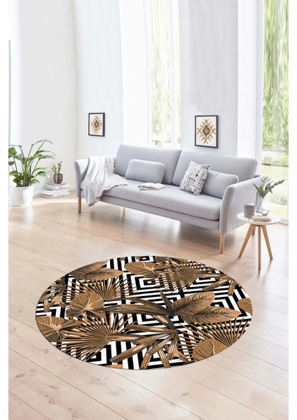 Dijital Kaymaz Taban Yıkanabilir Modern Desen Yuvarlak Mutfak Salon Halısı, N-Y-MODERN-100-KAHVE,