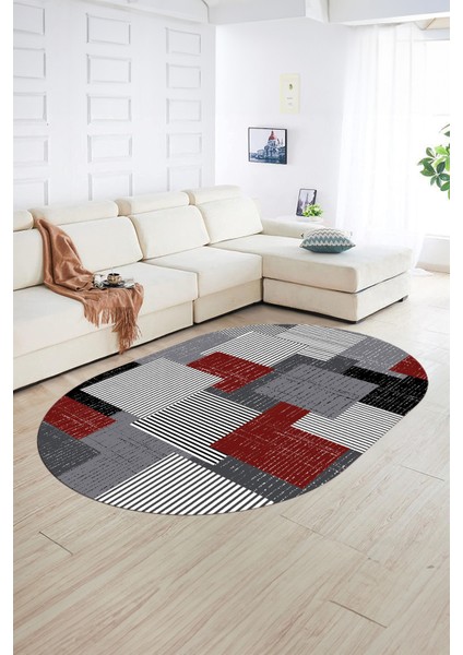Dijital Kaymaz Yıkanabilir Modern Desen Oval Yolluk Mutfak Salon Halısı, N-O-Modern-47-Bordo, fiyatları