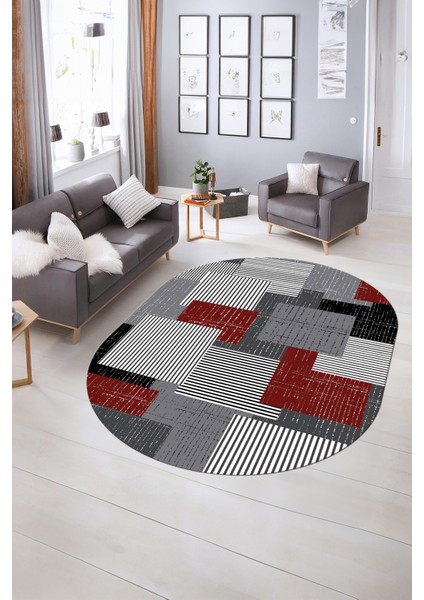Dijital Kaymaz Yıkanabilir Modern Desen Oval Yolluk Mutfak Salon Halısı, N-O-Modern-47-Bordo, indirimleri