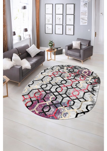 Dijital Kaymaz Yıkanabilir Modern Desen Oval Yolluk Mutfak Salon Halısı, N-O-Modern-03-Renkli, indirimleri