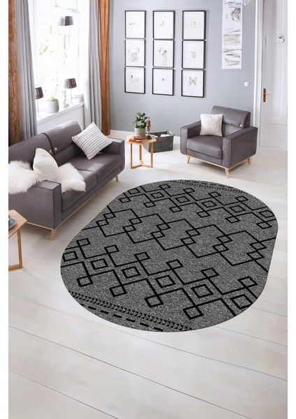 Dijital Kaymaz Yıkanabilir Modern Desen Oval Yolluk Mutfak Salon Halısı, N-O-Modern-87-Gri, indirimleri