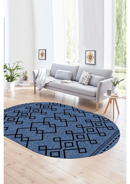 Dijital Kaymaz Yıkanabilir Modern Desen Oval Yolluk Mutfak Salon Halısı, N-O-Modern-87-Mavi,