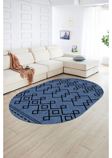 Dijital Kaymaz Yıkanabilir Modern Desen Oval Yolluk Mutfak Salon Halısı, N-O-Modern-87-Mavi, fiyatları